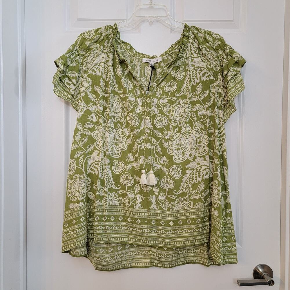 Rose + Olive Blouse Size 2X Flutter Sleeve Tassel Green Rayon NWT Boho Floral